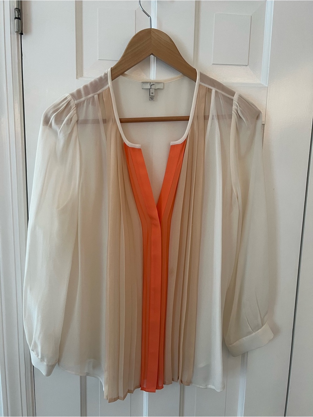 Joie Ivory Sheer Blouse with Coral Placket